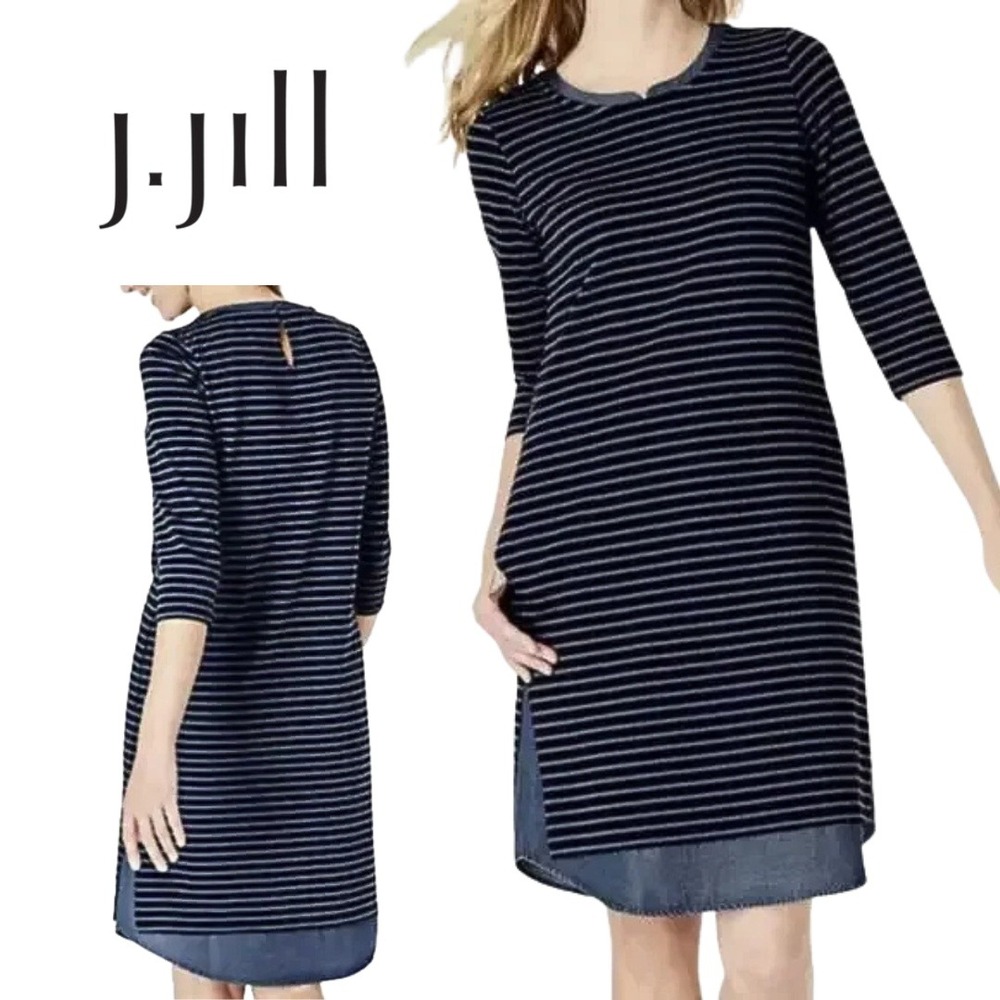 J. Jill,‎ Striped 3/4 sleeve Tunic Shift Dress Denim Trim Petite Large